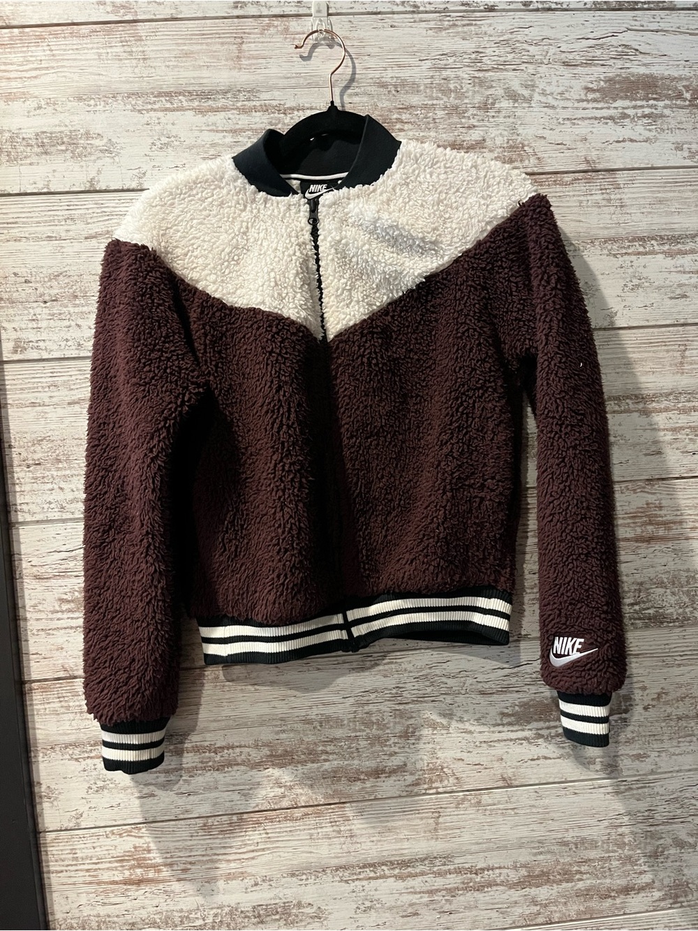 Nike Women's Brown and Cream Sherpa Bomber Jacket
